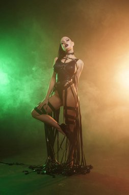 Genç seksi kadın dansçı duman poz