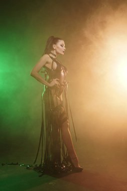 Genç seksi kadın dansçı duman poz