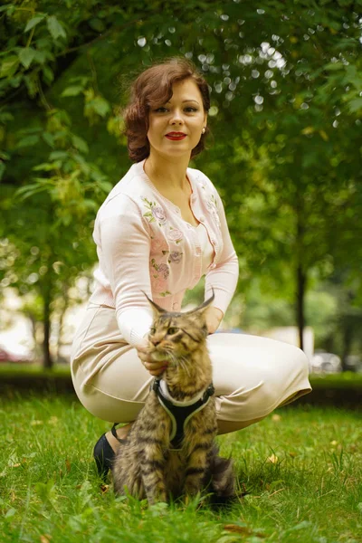 도시 여름 공원에서 그녀의 애완 동물 고양이 회색 메인 쿤 야외와 함께 걷는 여자. — 스톡 사진