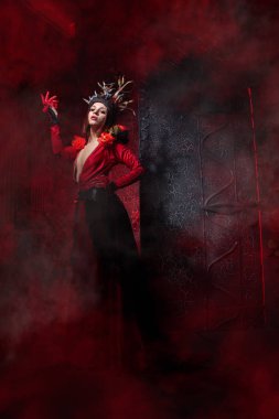 kırmızı duman ile büyük bir kapının arka planda uzun lüks bir elbise ağaç kökleri şeklinde boynuzları ile güzel moda cadı kadın. Cadılar Bayramı konsepti