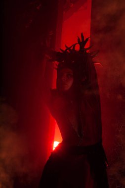 kırmızı duman ile büyük bir kapının arka planda uzun lüks bir elbise ağaç kökleri şeklinde boynuzları ile güzel moda cadı kadın. Cadılar Bayramı konsepti