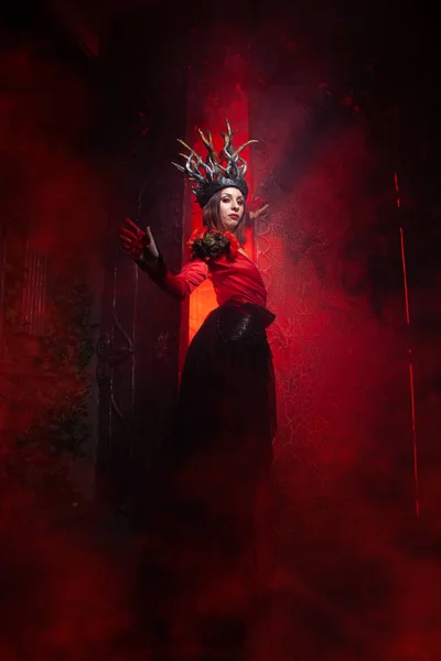 Hermosa mujer bruja de la moda con cuernos en forma de raíces de árbol en un vestido largo y lujoso en el fondo de una enorme puerta con humo rojo. Concepto Halloween — Foto de Stock