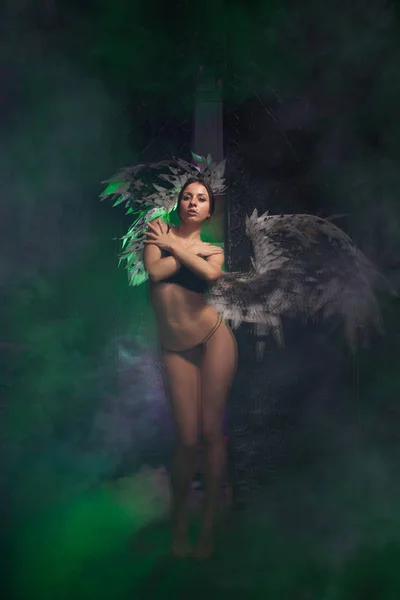 Ángel oscuro con las grandes alas sucias mágicas en el humo colorido —  Fotos de Stock