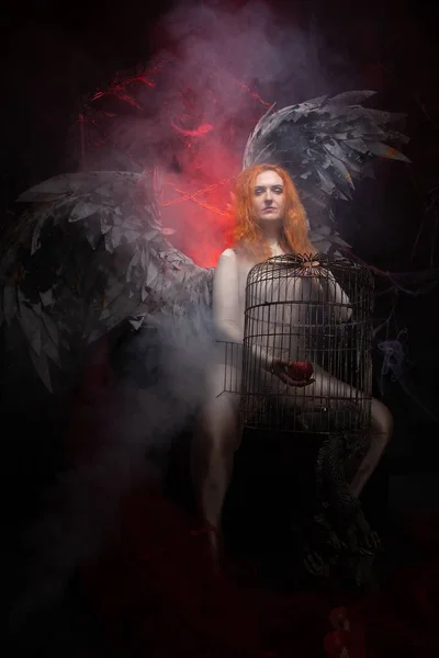 An evil tempting woman with large demon wings holds an Apple in a large cage and beckons to sin. Halloween photo plus size girl with red hair on a huge Gothic throne. — Stock Photo, Image