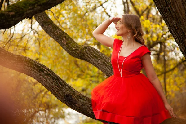 Wanita muda berjalan di latar belakang taman musim gugur saja — Stok Foto