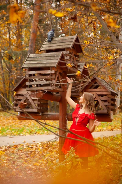 Jeune femme marchant dans le fond du jardin d'automne seul et posant près de la maison des oiseaux — Photo