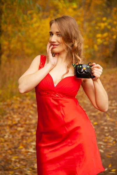 Młody kaukaski kobieta w czerwony sukienka spacery z czarny kot halloween kubek w jesienny ogród tło sam — Zdjęcie stockowe