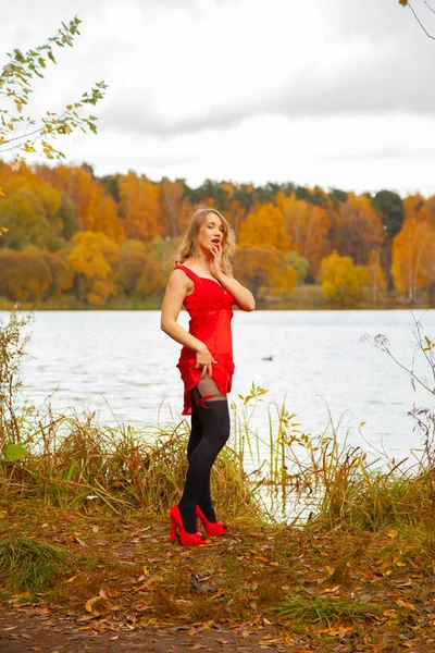 Mujer joven en vestido corto rojo y pantimedias negras caminando cerca del lago en el fondo del jardín de otoño solo — Foto de Stock