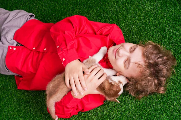 Garçon caucasien en chemise rouge jouer avec deux chiots husky mignon sur l'herbe près de la maison seul . — Photo