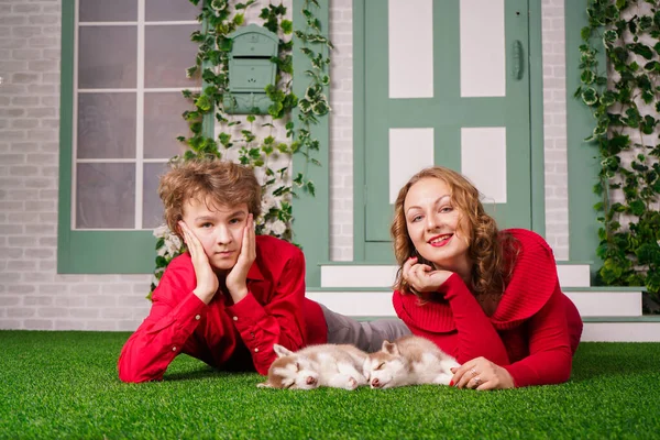 Bonne maman et son fils posent sur l'herbe verte avec deux petits chiots husky mignons — Photo