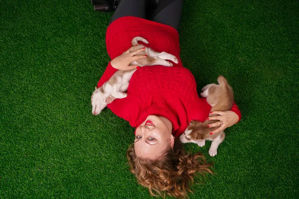 Jolie caucasien plus taille femme en pull rouge avec deux chiots husky mignon sur herbe verte — Photo