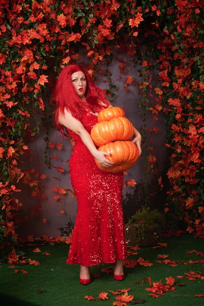 Volwassen schattig plus size meisje in een rode lange jurk met lovertjes houdt een stapel grote pompoenen en staat op het gras tussen de herfst oranje gebladerte — Stockfoto