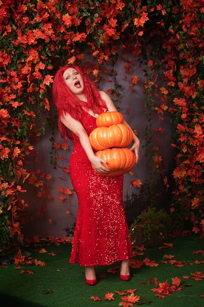 Adulto lindo más chica de tamaño en un vestido largo rojo con lentejuelas sostiene una pila de calabazas grandes y se encuentra en la hierba entre el follaje naranja de otoño —  Fotos de Stock