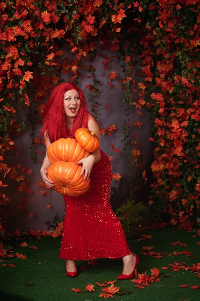 Adulto lindo más chica de tamaño en un vestido largo rojo con lentejuelas sostiene una pila de calabazas grandes y se encuentra en la hierba entre el follaje naranja de otoño —  Fotos de Stock