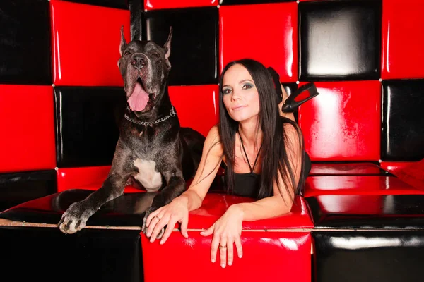 Mooie jonge vrouw poseren met haar Great Dane hond in de studio in de rode zwarte kamer op de bank — Stockfoto
