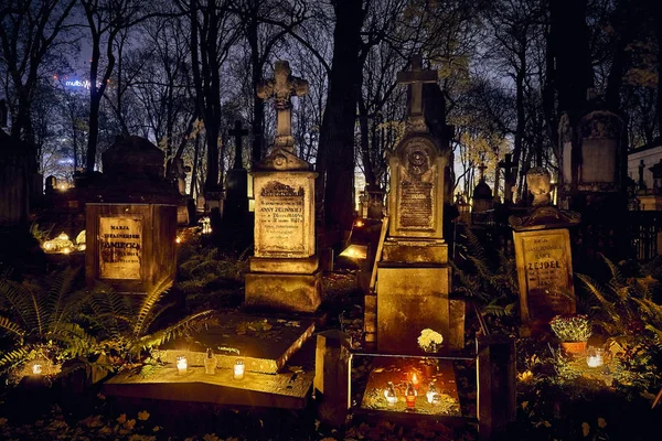 Memento Mori Lights Graves All Saints Day Powazki Cemetery Polish — Stock Photo, Image