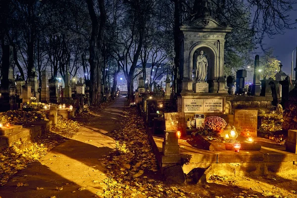 Memento Mori Lights Graves All Saints Day Powazki Cemetery Polish — Stock Photo, Image