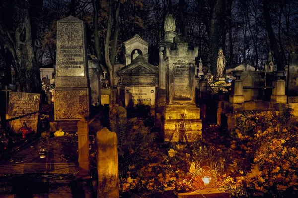 Memento Mori Lights Graves All Saints Day Powazki Cemetery Polish — стоковое фото
