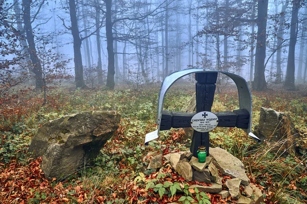 Памятник Жертвам Первой Мировой Войны Горах Бещады Польша Туманный Осенний — стоковое фото