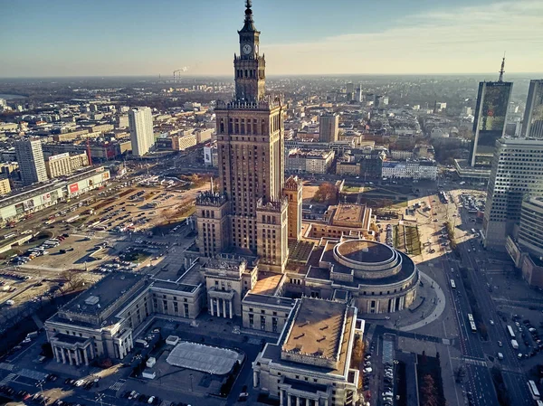 Beautiful Panoramic Aerial Drone View Center Warsaw City Palace Culture — стоковое фото