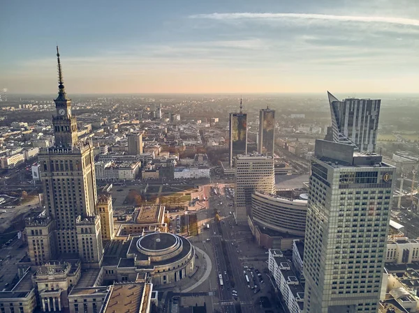 Beautiful Panoramic Aerial Drone View Center Warsaw City Palace Culture — стоковое фото