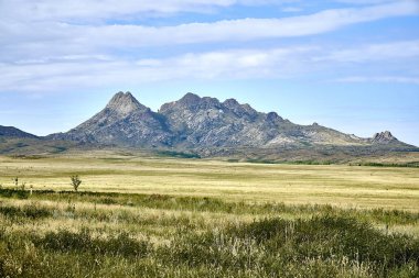 Beautiful panoramic summer steppe landscape of stone mountains 
