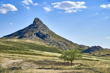 Beautiful panoramic summer steppe landscape of stone mountains 