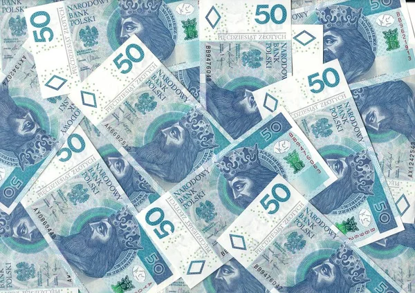 波兰兹罗提 波兰货币 英镑钞票 纸币面值50英镑 地毯从金钱 — 图库照片