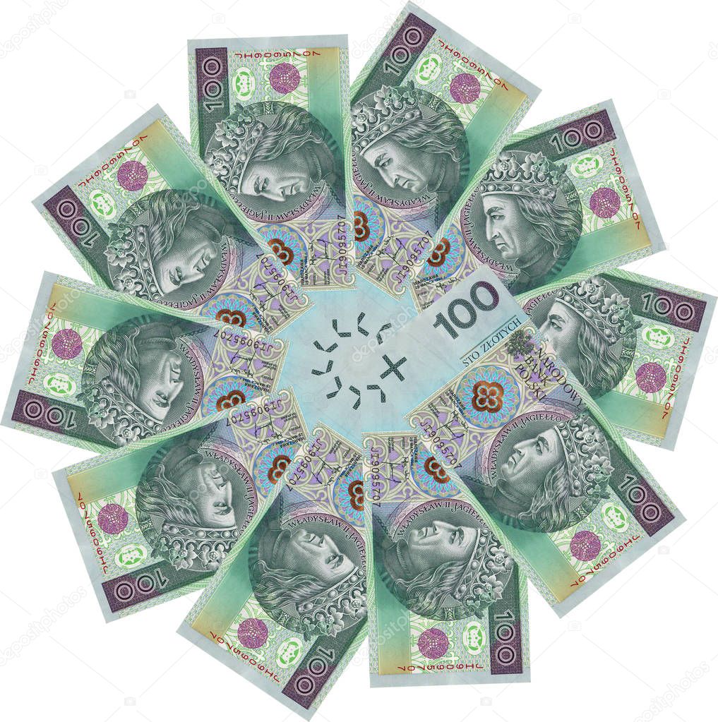 Polish zlotys - beautiful geometric ornament, texture, pattern from Polish currency, 100 PLN bills (banknotes face value PLN 100) - flower from money - isolated on a white background