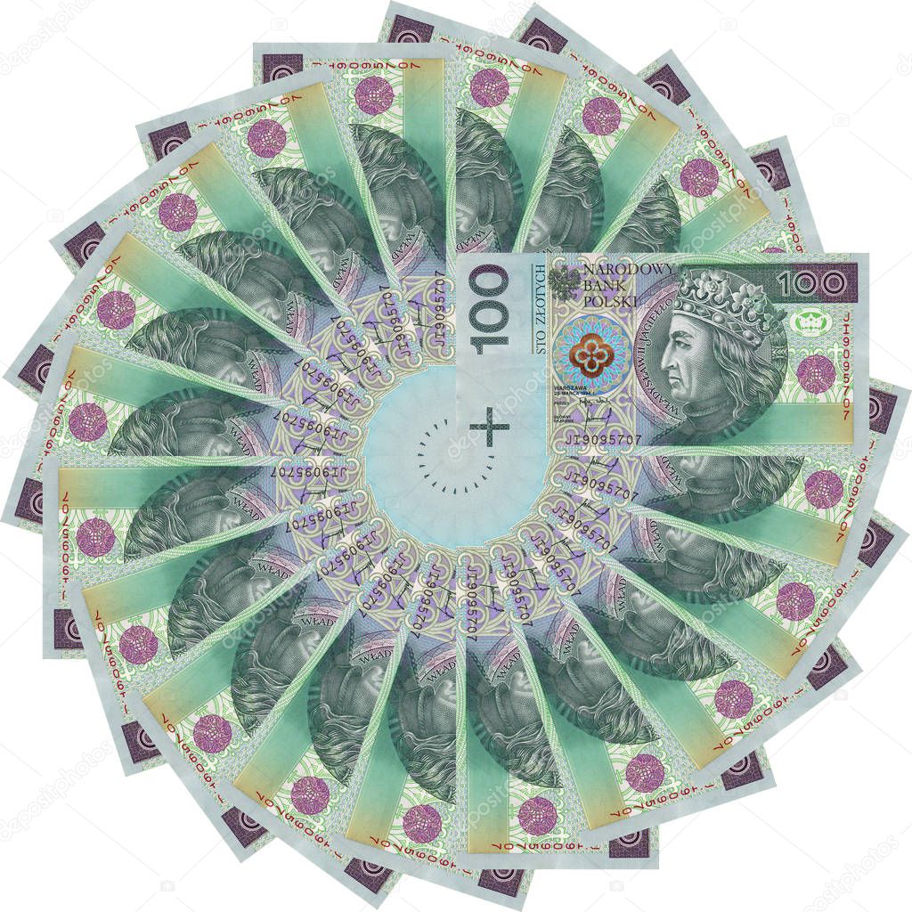 Polish zlotys - beautiful geometric ornament, texture, pattern from Polish currency, 100 PLN bills (banknotes face value PLN 100) - flower from money - isolated on a white background