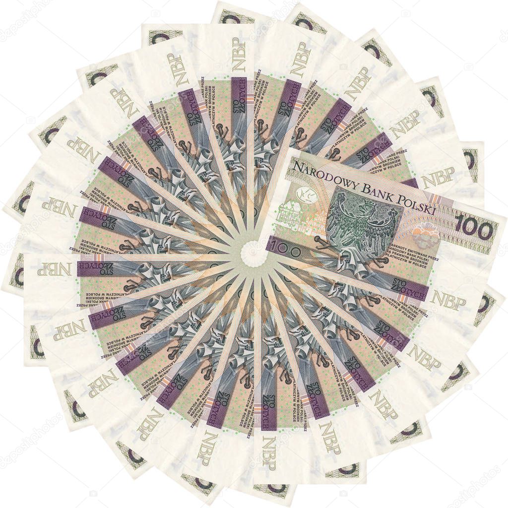 Polish zlotys - beautiful geometric ornament, texture, pattern from Polish currency, 100 PLN bills (banknotes face value PLN 100) - flower from money - isolated on a white background