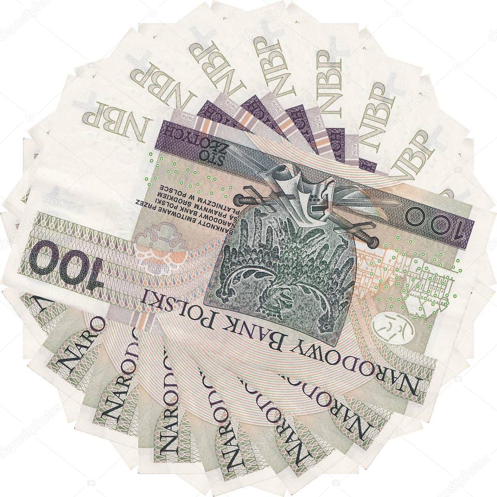 Polish zlotys - beautiful geometric ornament, texture, pattern from Polish currency, 100 PLN bills (banknotes face value PLN 100) - flower from money - isolated on a white background