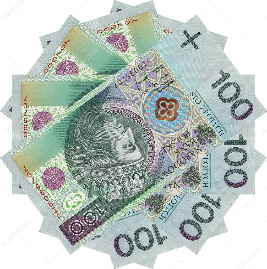 Polish zlotys - beautiful geometric ornament, texture, pattern from Polish currency, 100 PLN bills (banknotes face value PLN 100) - flower from money - isolated on a white background