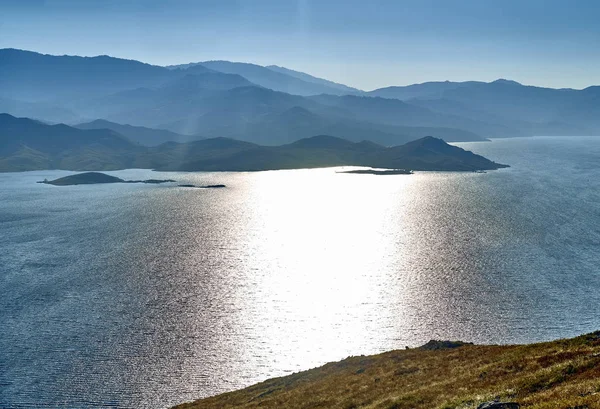 Krásné Panoramatické Vzdušné Letní Pohled Při Západu Slunce Bukhtarma Umělá — Stock fotografie