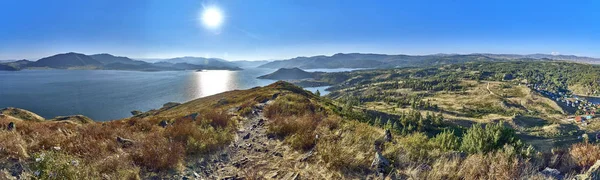 Beautiful Panoramic Aerial Summer View Sunset Bukhtarma Artificial Reservoir Formed — Stock Photo, Image