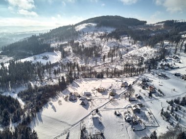 Beautiful panoramic aerial drone view panorama to the to the Istebna - large village and the seat of Gmina Istebna, Cieszyn County in Silesian Voivodeship, southern Poland clipart