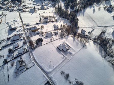 Beautiful panoramic aerial drone view panorama to the to the Istebna - large village and the seat of Gmina Istebna, Cieszyn County in Silesian Voivodeship, southern Poland clipart