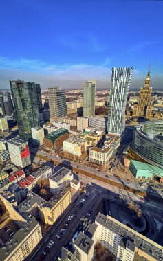 Varşova, Polonya - 23 Şubat 2019: Güzel panoramik hava dron görünümüne Merkezi Varşova şehir ve 