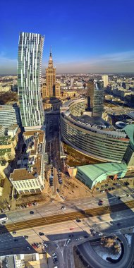 Varşova, Polonya - 23 Şubat 2019: Güzel panoramik hava dron görünümüne Merkezi Varşova şehir ve 