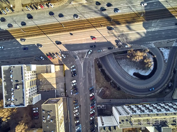 Varšava, Polsko - 23 února 2019: Krásné panoramatické letecké dron pohled do centra Varšavy City, centrální ulic polského kapitálu, shora dolů — Stock fotografie