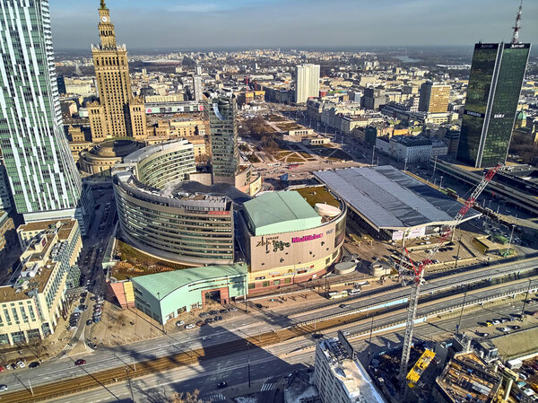 WARSAW, POLAND - FEBRUARY 23, 2019: Beautiful panoramic aerial drone view to the center of Warsaw City and 
