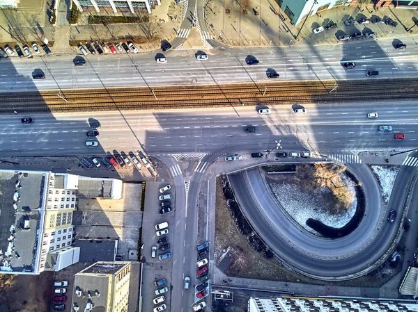 Varşova, Polonya - 23 Şubat 2019: Merkezi Varşova şehir merkezi sokaklara Polonya güzel panoramik hava dron görünümüne sermaye, yukarıdan aşağı — Stok fotoğraf