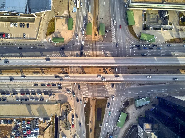 WARSAW, POLAND - FEBRUARY 23, 2019: Beautiful panoramic aerial drone view to the center of Warsaw City, to the central streets of the Polish Capital, from above down to Aleje Jerozolimskie avenue — Stock Photo, Image