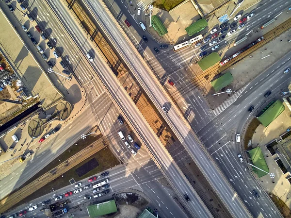 WARSAW, POLAND - FEBRUARY 23, 2019: Beautiful panoramic aerial drone view to the center of Warsaw City, to the central streets of the Polish Capital, from above down to Aleje Jerozolimskie avenue — Stock Photo, Image