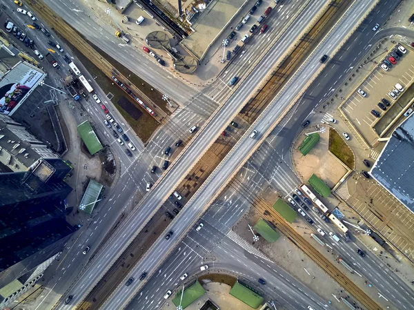 WARSAW, POLAND - FEBRUARY 23, 2019: Beautiful panoramic aerial drone view to the center of Warsaw City, to the central streets of the Polish Capital, from above down to Aleje Jerozolimskie avenue — Stock Photo, Image