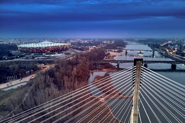 Beautiful panoramic aerial drone sunset view to The PGE Narodowy (official name) of National Stadium - Polish: Stadion Narodowy - football stadium located in Warsaw, Poland — Stock Photo, Image