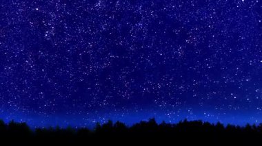 Muhteşem güzel gece gökyüzü yıldız izi Timelapse video 4k, nehir ve orman üzerinde şeffaf Nisan gecesi