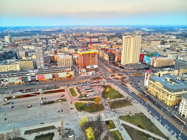 WARSAW, POLAND - APRIL 07, 2019: Beautiful panoramic aerial drone view to the center of Warsaw City in the sunset time in spring — Stock Photo, Image