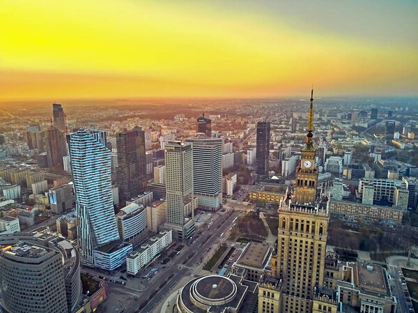 WARSAW, POLAND - APRIL 07, 2019: Beautiful panoramic aerial drone view to the center of Warsaw City and Palace of Culture and Science and 