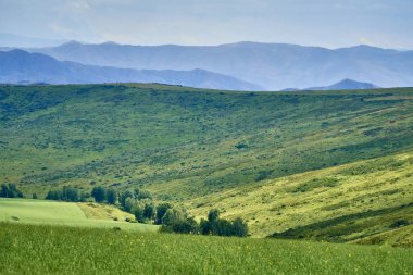 İrtiş, Doğu Kazakistan Nehri vadisinde Bukhtarma dağlara gün batımında güzel panoramik hava yaz görünümü